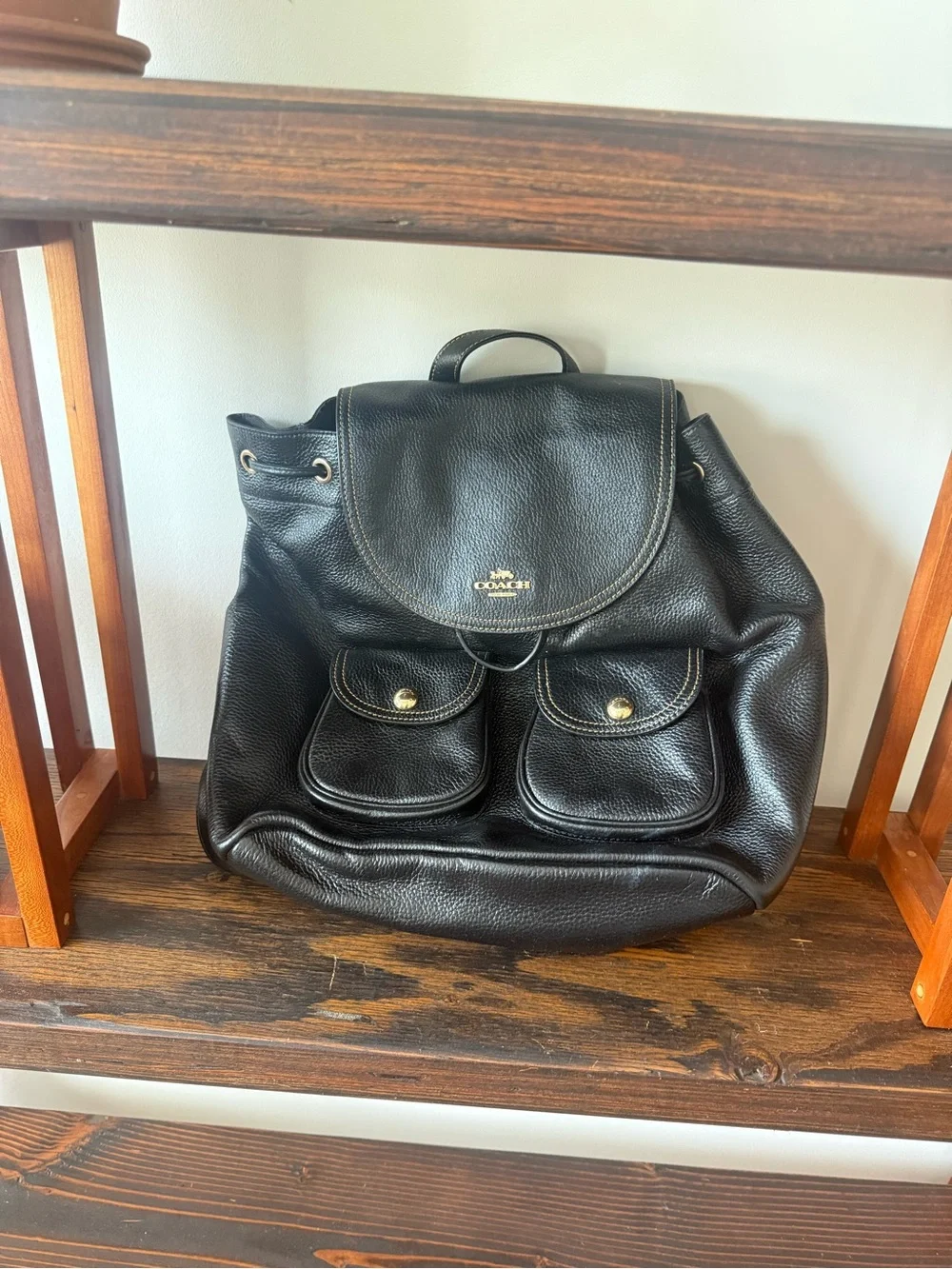 Coach Black Leather Drawstring Backpack with Front Pockets - Coach